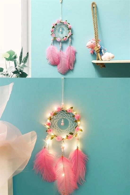 El Yapımı Kuş Tüyü ve Led Işıklı Dekoratif Asma Düş Rüya Kapanı