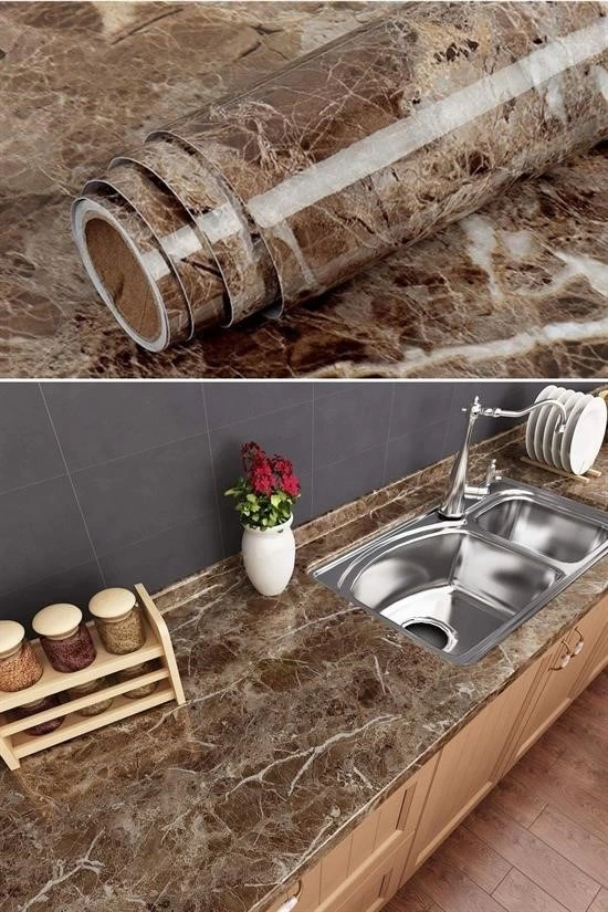 Mermer Desenli Masa Tezgah Mutfak Su Geçirmez Yapışkanlı Folyo Sticker  Kahverengi 5x0,6m