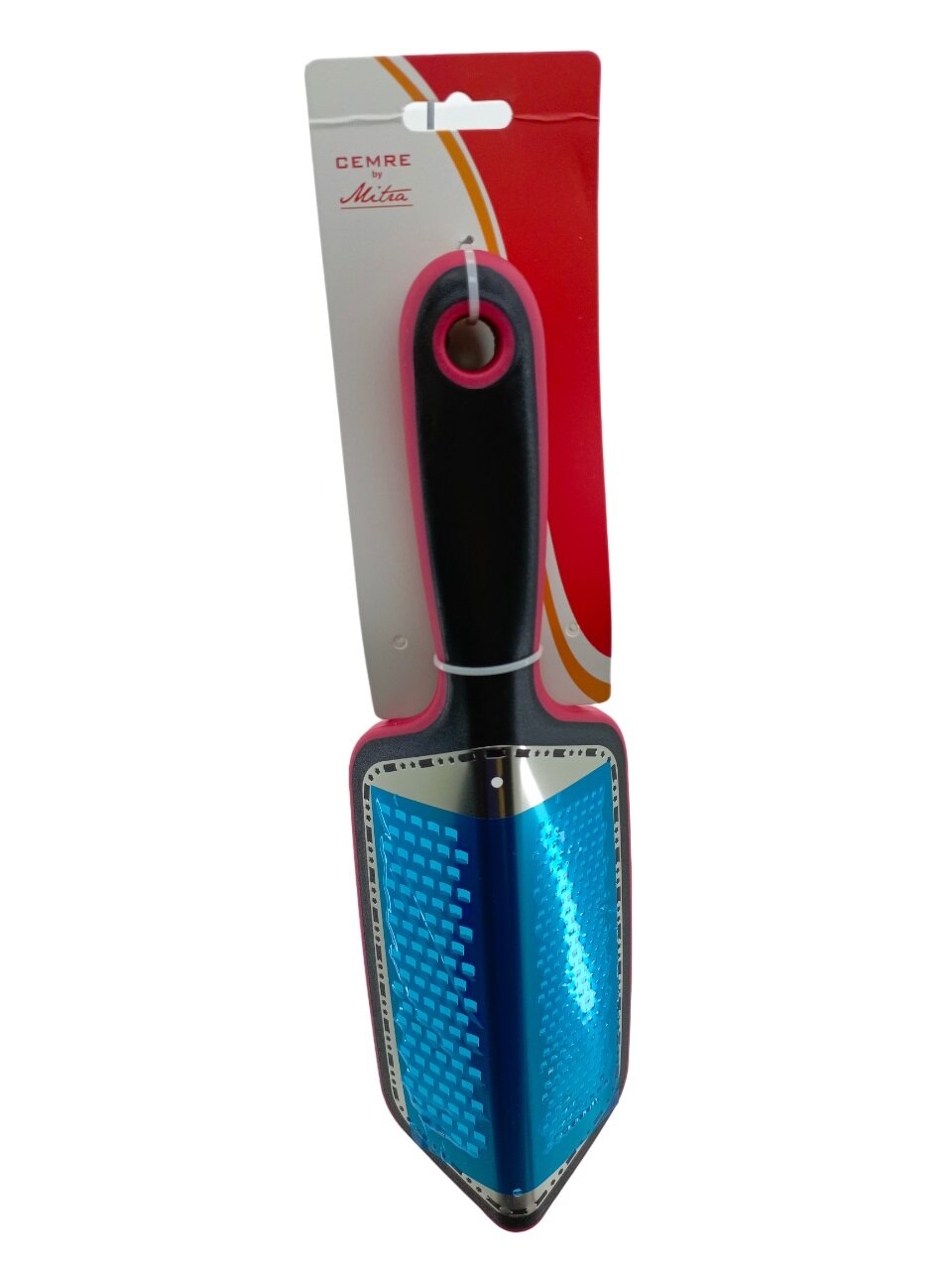 Двухсторонняя металлическая терка модели V с цветной пластиковой ручкой и рамкой