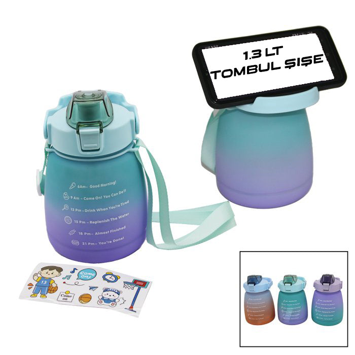 1.3Lt - Tombul Pipetli Renkli Plastik Suluk Matara Kilitli Kapaklı - Telefonluklu