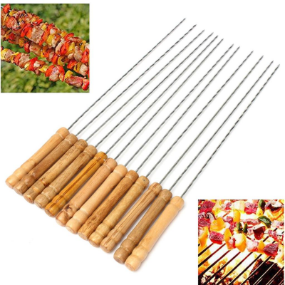 10 Parça  Ahşap Saplı Metal Yuvarlak Mangal Şişi