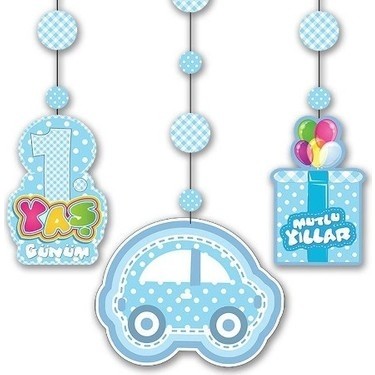 1 Yaş Temalı Asmalı İp Süs Mavi Renk 3 Lü Set 12X45 Cm