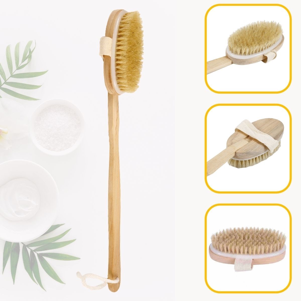 Антицеллюлитная деревянная щетка для ванны из натурального конского волоса со съемной ручкой