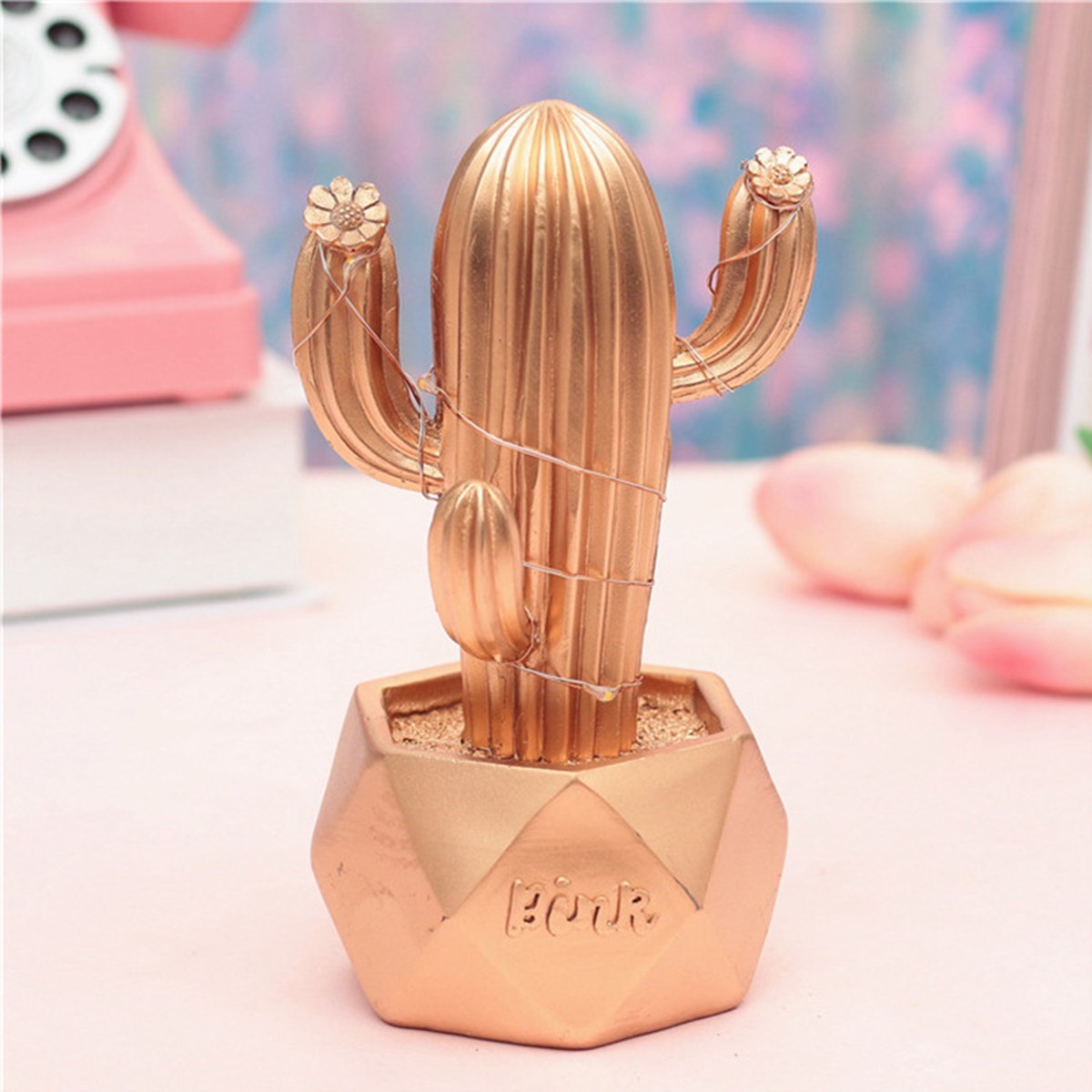 Led Işıklı Sevimli Kaktüs Dekoratif Masa Lambası Mini Biblo Gece Lambası-Gold