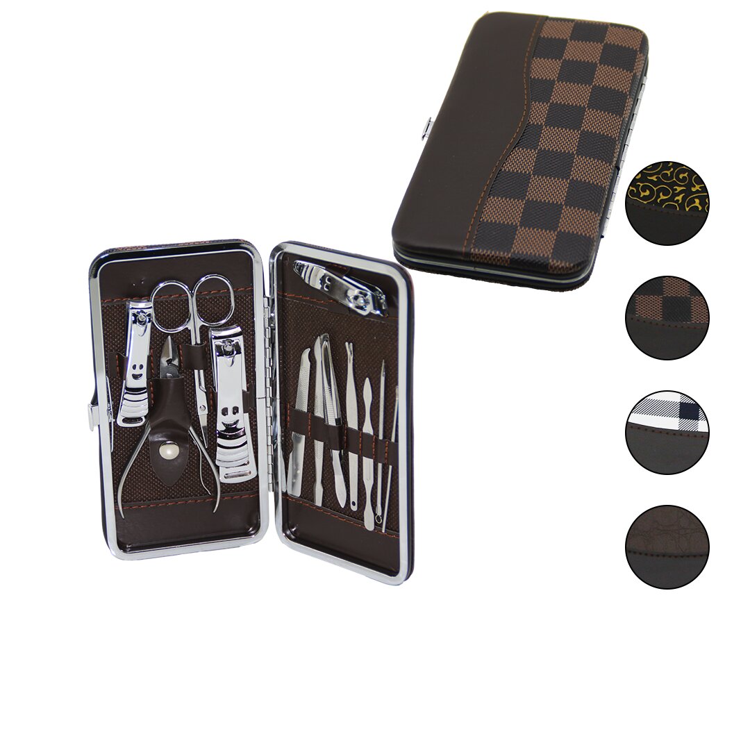 Набор для маникюра и педикюра серебряный, 12 предметов, с цветным узором, в форме кошелька с сумкой