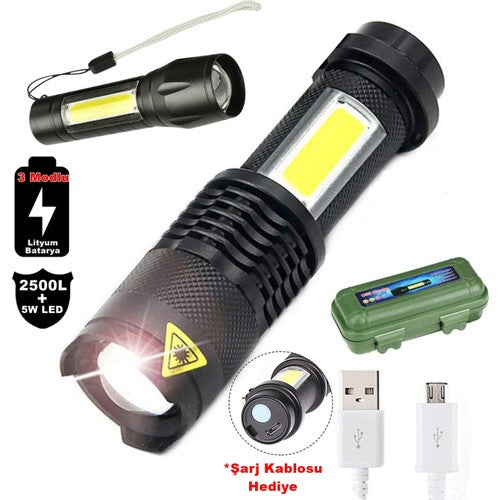 2500 Lumens + 5W Cob Led Usb Lion Şarjlı Ultra Güçlü Q5 Xpe Su Geçirmez Şarjlı El Feneri