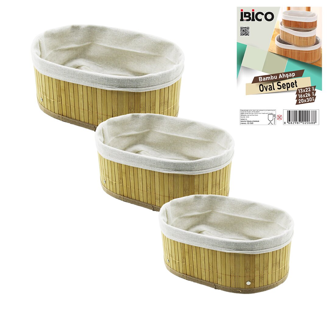 3 BOY  OVAL  BAMBU KENAR ORGANİZER SEPET AHŞAP ALTLIK - BEZLİ  13X22-16X26-20X30CM