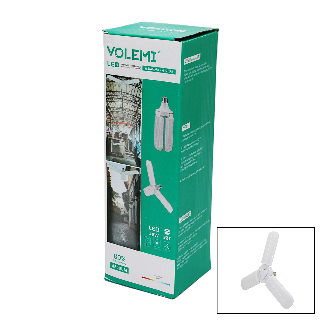 3 Kollu 45W - E27 Led Ampul Katlanır 3 Pervane + Yuvarlak Lamba