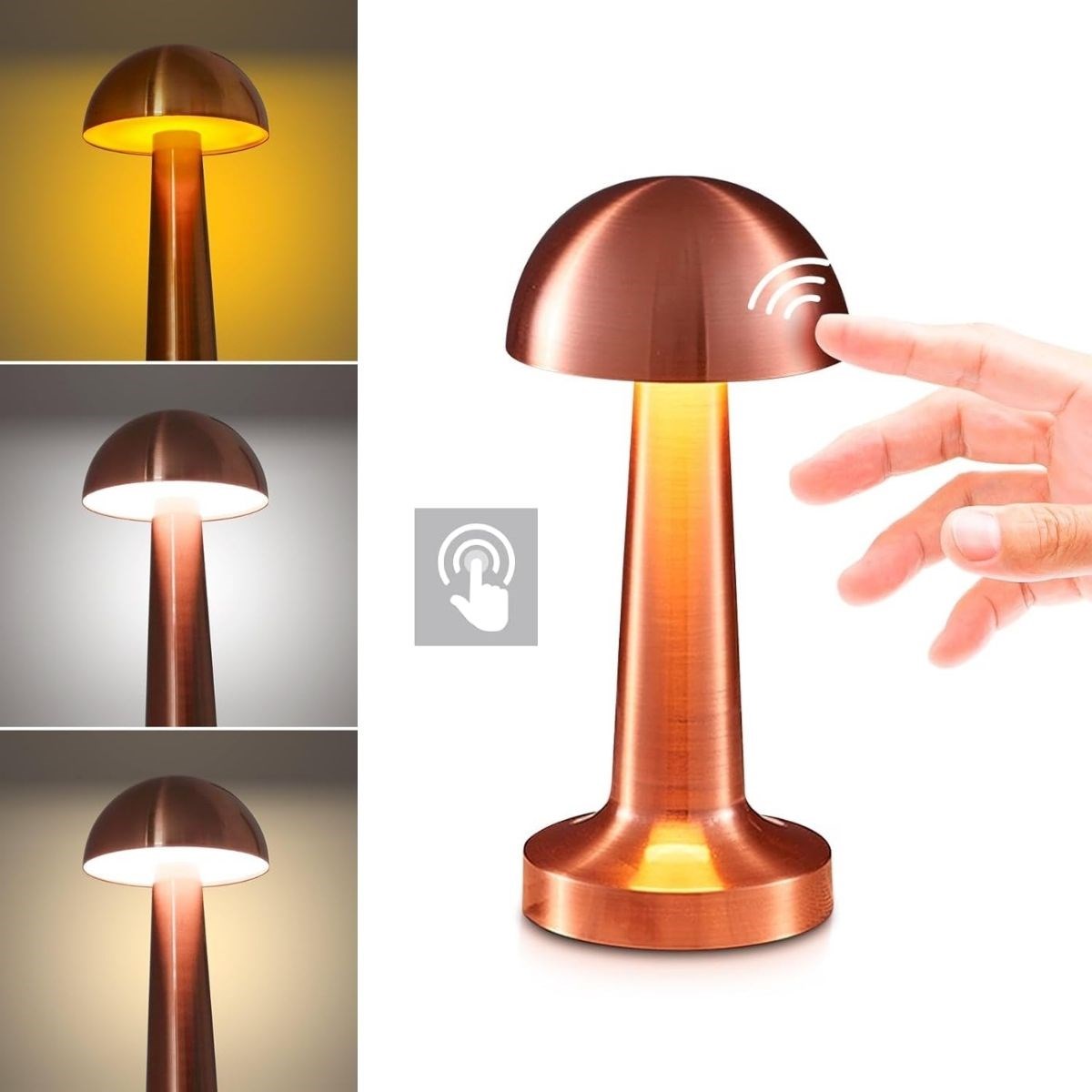 Mantar Model Bronz Renk Şarjlı Dokunmatik 3 Renkli LED Masa Lambası