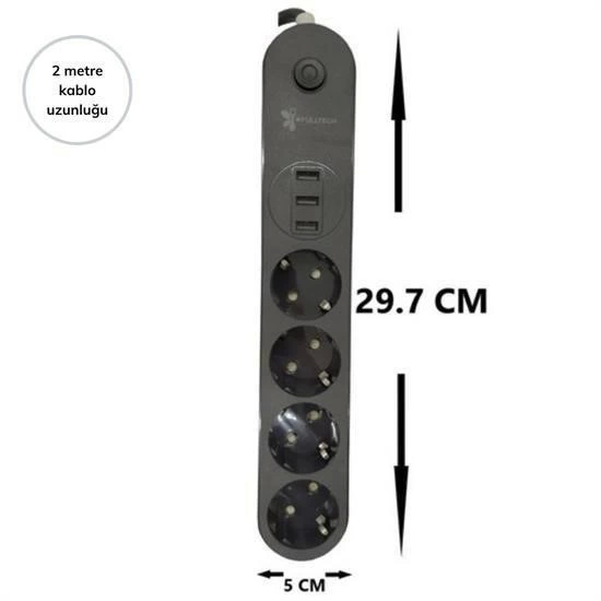 4lü Siyah Anahtarlı 3 Usb Li Akım Korumalı Topraklı Çocuk Korumalı Grup Priz 2 Metre
