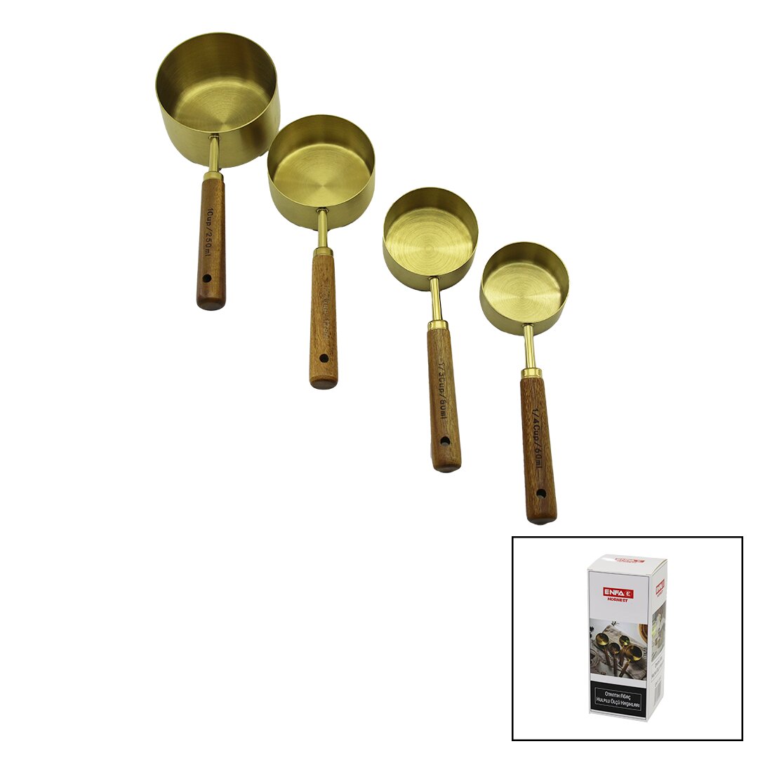 4PCS  GOLD METAL ÖLÇÜ KAŞIK SET OTANTİK AĞAÇ KULP 1CUP: 250ML - 1/2 CUP: 125ML - 1/3 CUP: 80ML - 1/