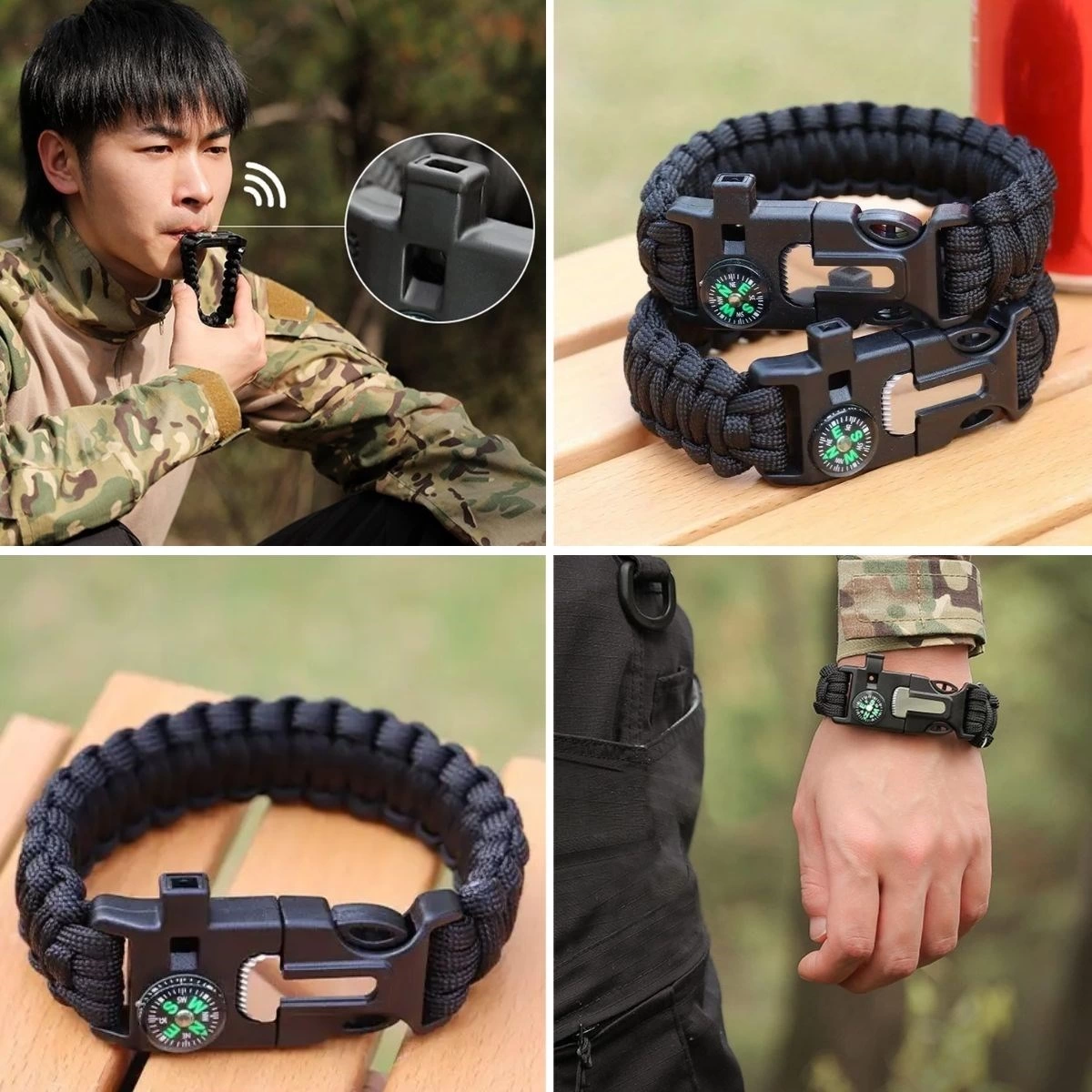 5'i 1 Arada Çok Fonksiyonlu Hayatta Kalma Bilekliği Pusula, Düdük, Çakmak Taşı ve Şemsiye İpi Bilek