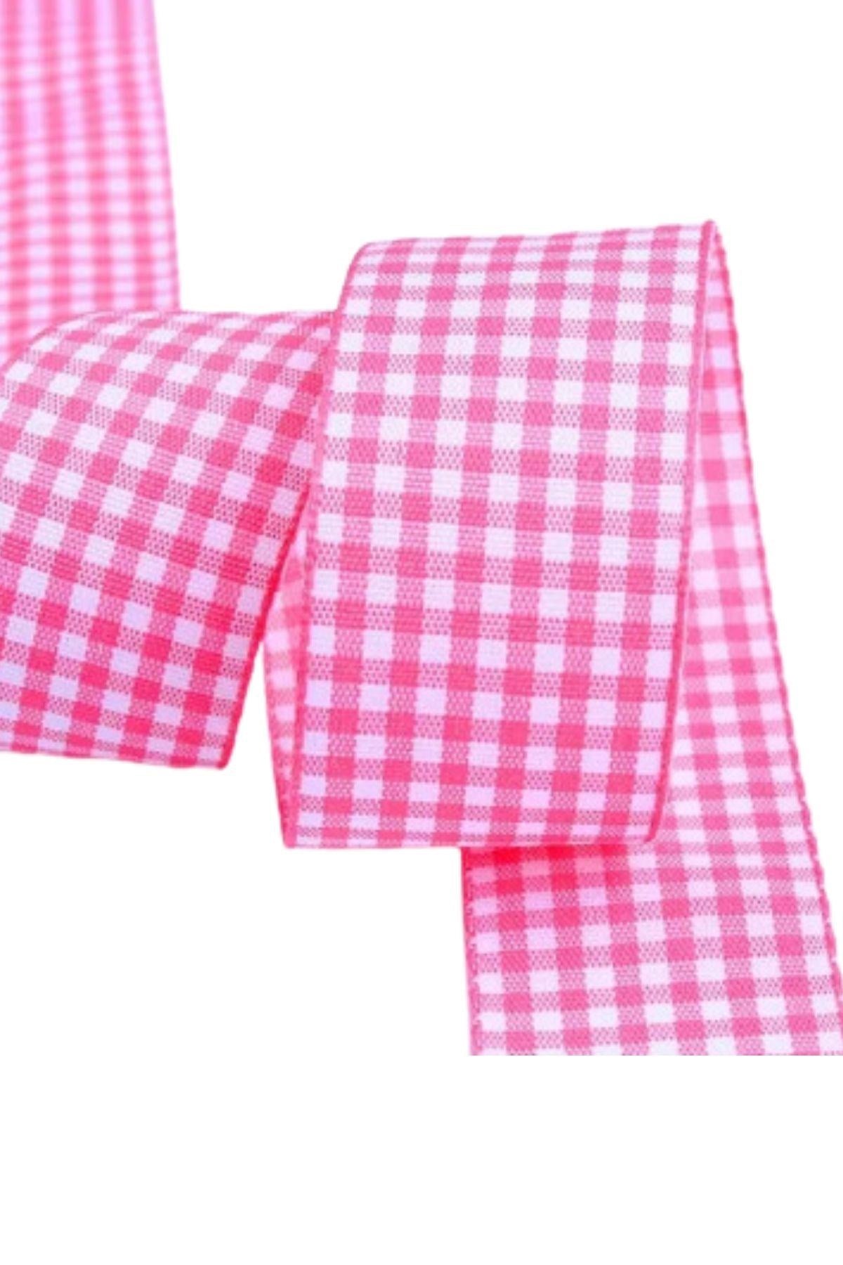 Tafta Ekoseli Kurdele 25 mm Pembe 10 Metre