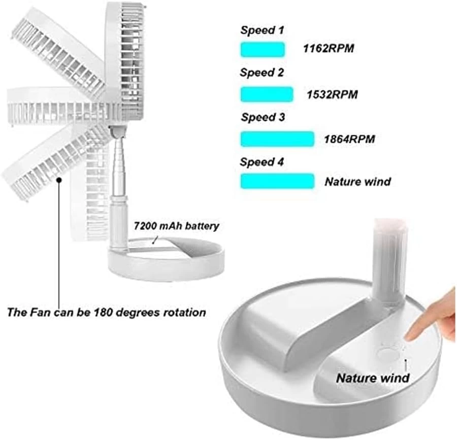 Teleskopik Fan Vantilatör 4 Modlu Şarjlı Katlanabilir Yükseltilebilir Taşınabilir Serinletici Porta