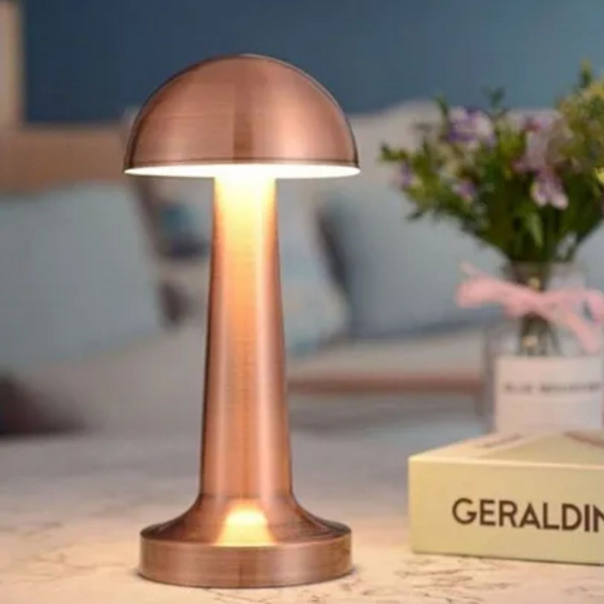 Mantar Model Bronz Renk Şarjlı Dokunmatik 3 Renkli LED Masa Lambası