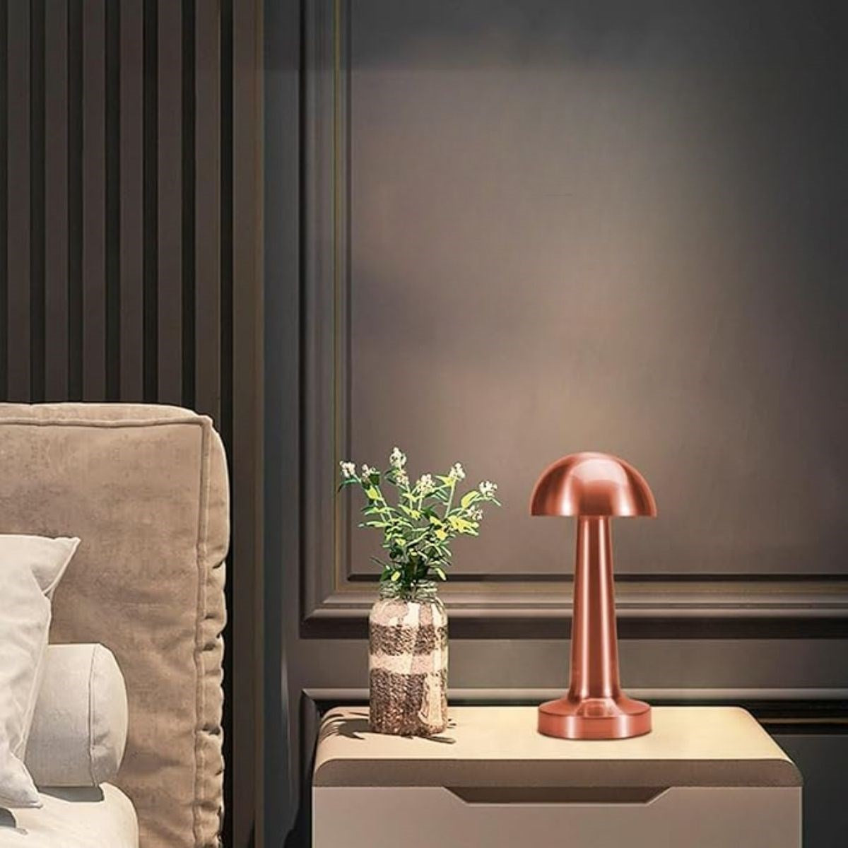 Mantar Model Bronz Renk Şarjlı Dokunmatik 3 Renkli LED Masa Lambası