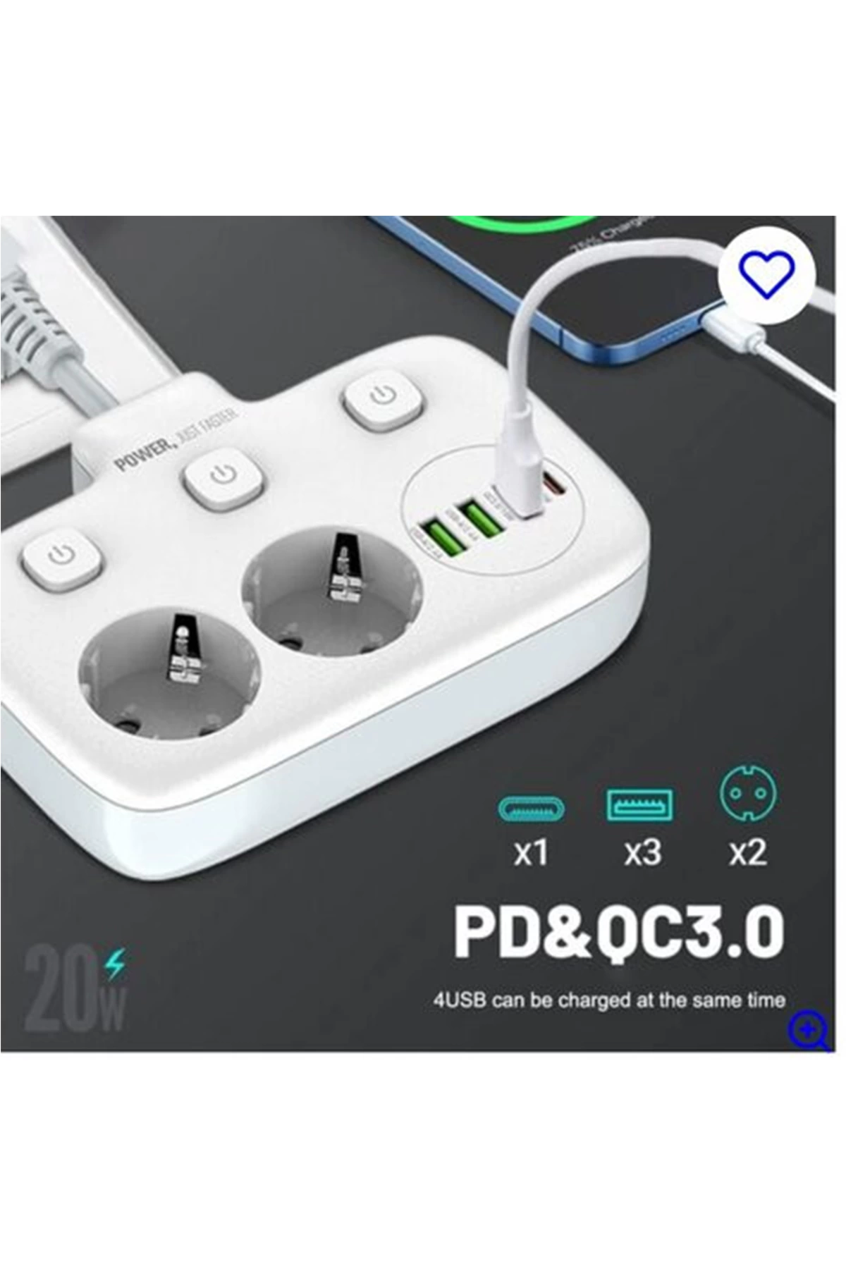 Akım Korumalı 2’li Ayrı Anahtarlı Priz, 2x Priz, 3x Usb, 1x Type-c, 2 Mt Kablo, Hızlı Şarj