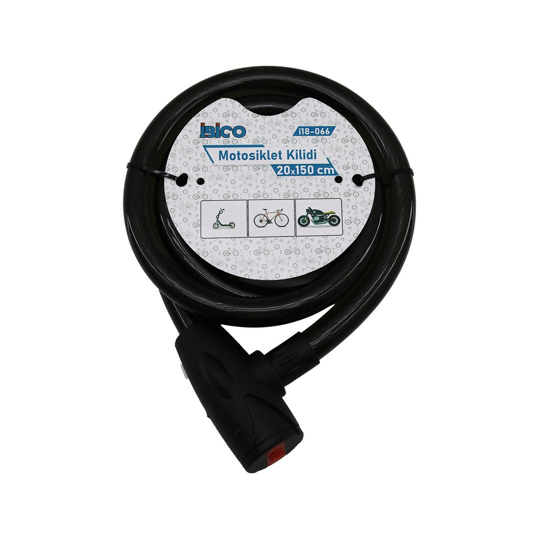 ANAHTARLI AÇ-KAPA KİLİT KAPAKLI MOTOR - BİSİKLET KİLİT ÇELİK TEL SİYAH ŞEFFAF KILIF 20MMX150CM