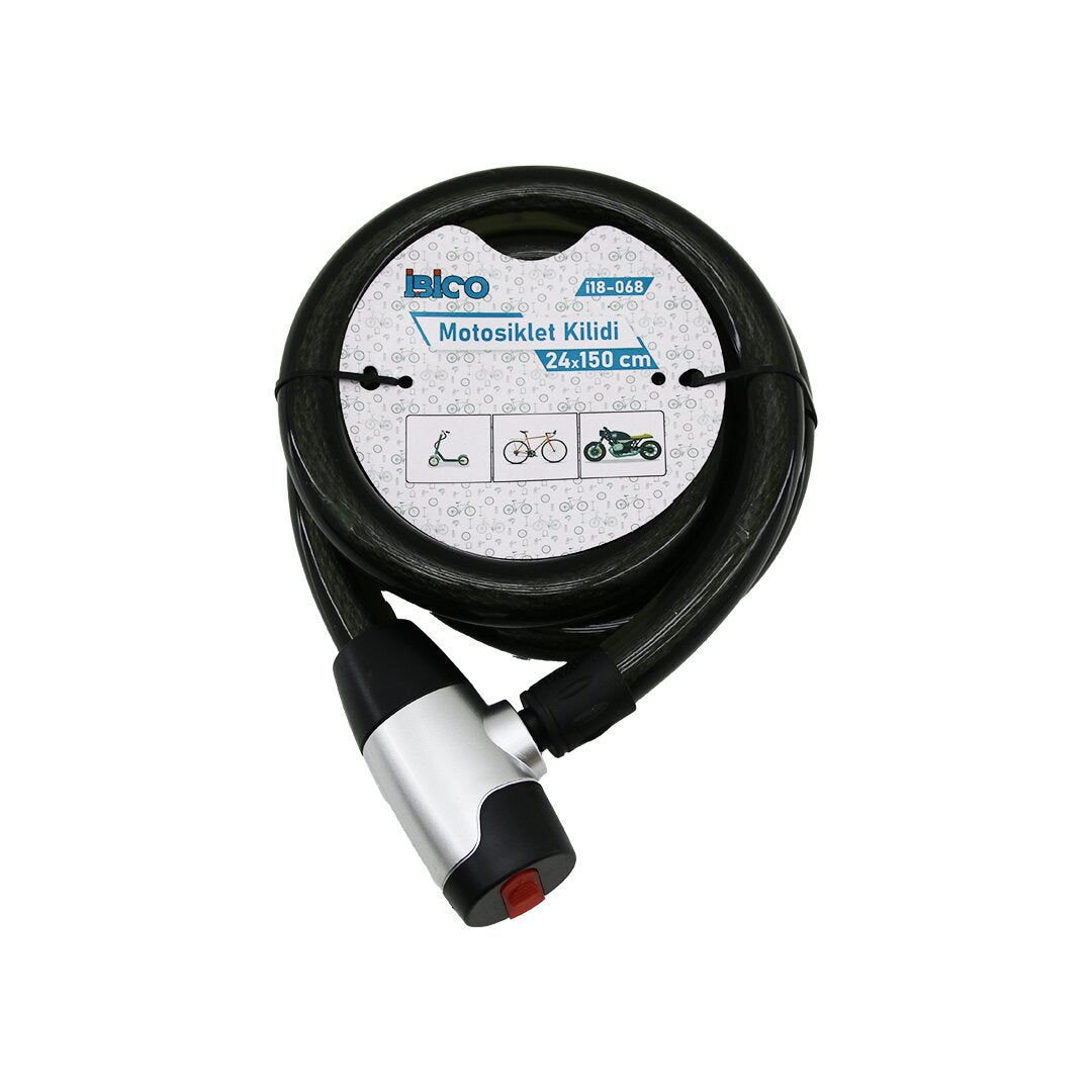 ANAHTARLI AÇ-KAPA KİLİT KAPAKLI MOTOR - BİSİKLET KİLİT ÇELİK TEL SİYAH ŞEFFAF KILIF 24MMX150CM