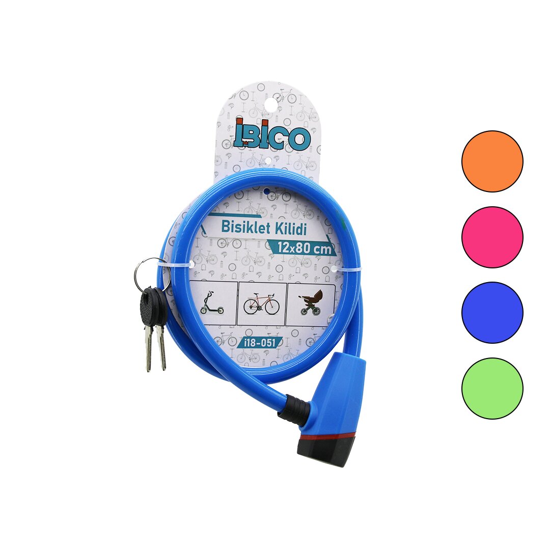 ANAHTARLI PLASTİK KAFA BİSİKLET KİLİT ÇELİK TEL RENKLİ KILIF 12MMX80CM