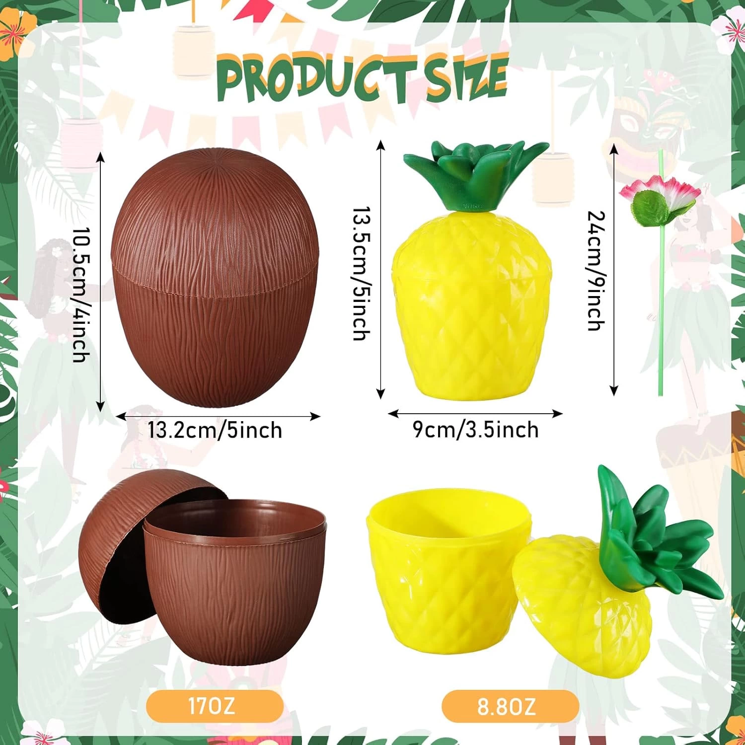 Ananas  Hindistan Cevizi Tasarımlı Pipetli Bardak Seti