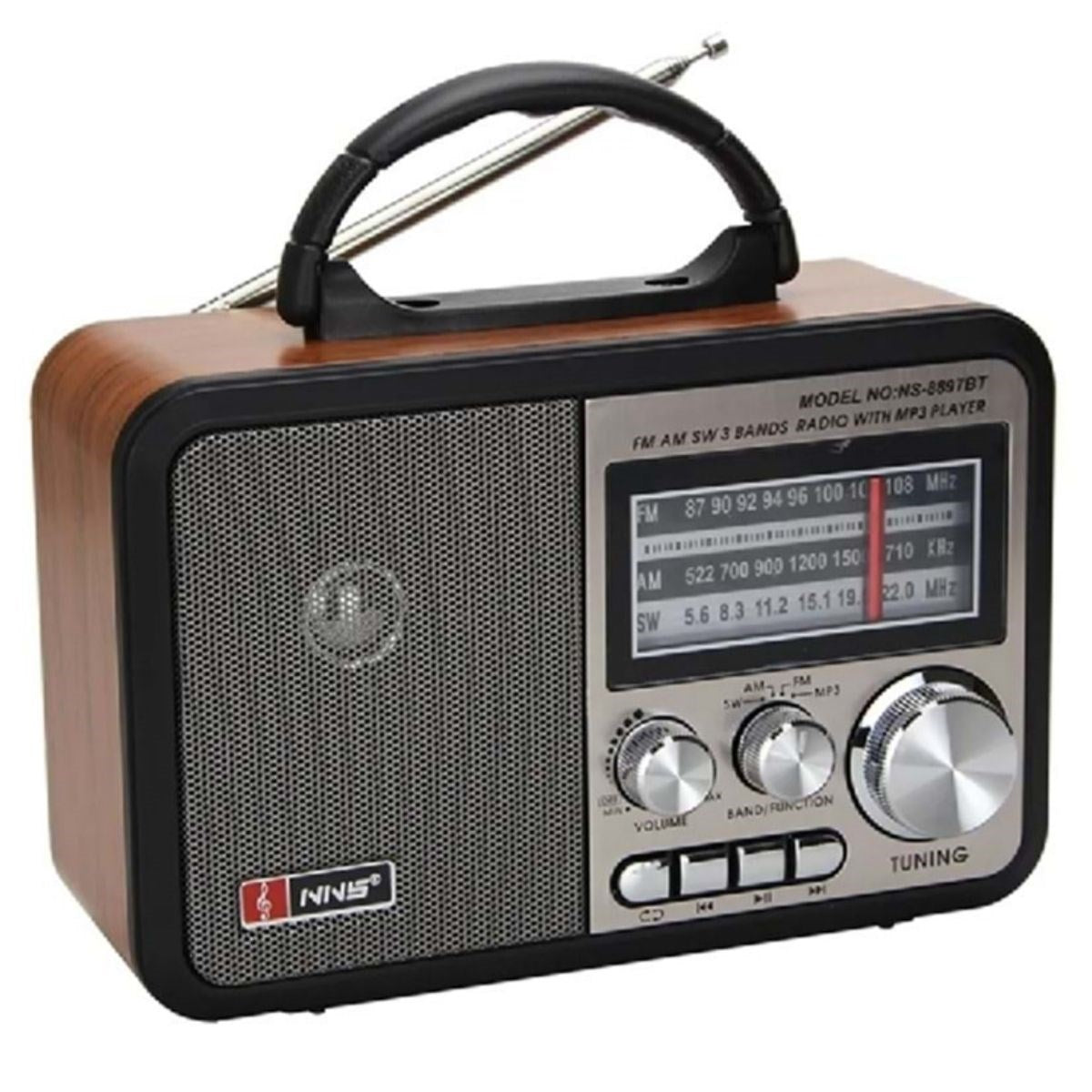 Orta Boy Retro, Nostaljik, Ahşap Tasarım Bluetooth Hoparlörlü, Şarjlı, Taşınabilir FM/AM Destekli Radyo NS-8897