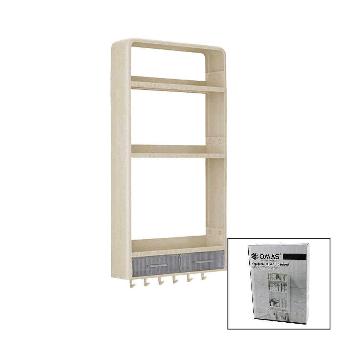 BEJ YAPIŞKANLI DUVAR ORGANİZERİ PLASTİK 3 RAF=14CM-19CM-30CM - 2 ÇEKMECE=40CM - 6 ASKI 19 PCARÇA