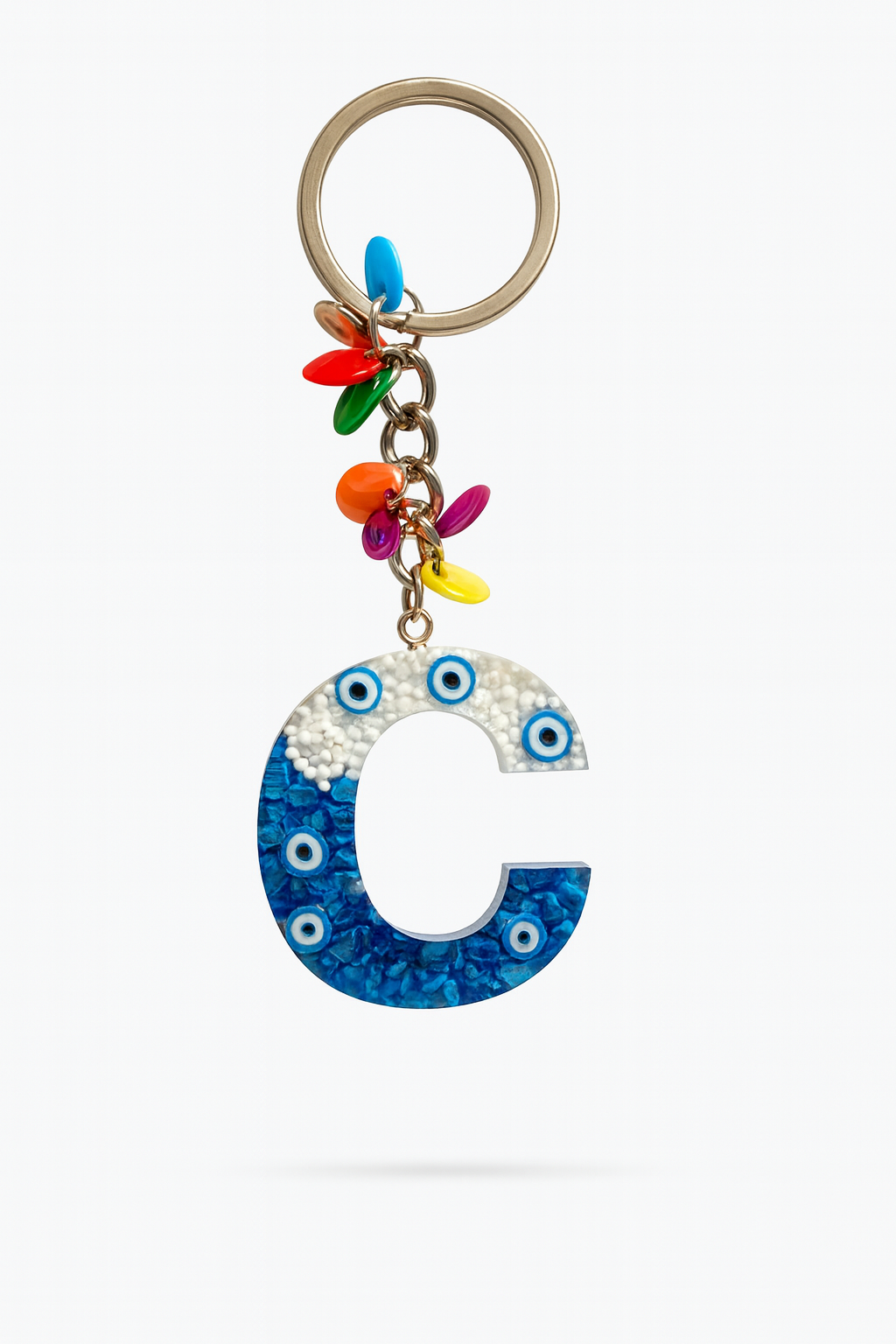 Epoksi Harf Anahtarlık – C Harfi, Nazar Boncuklu ve Renkli Charm Detaylı