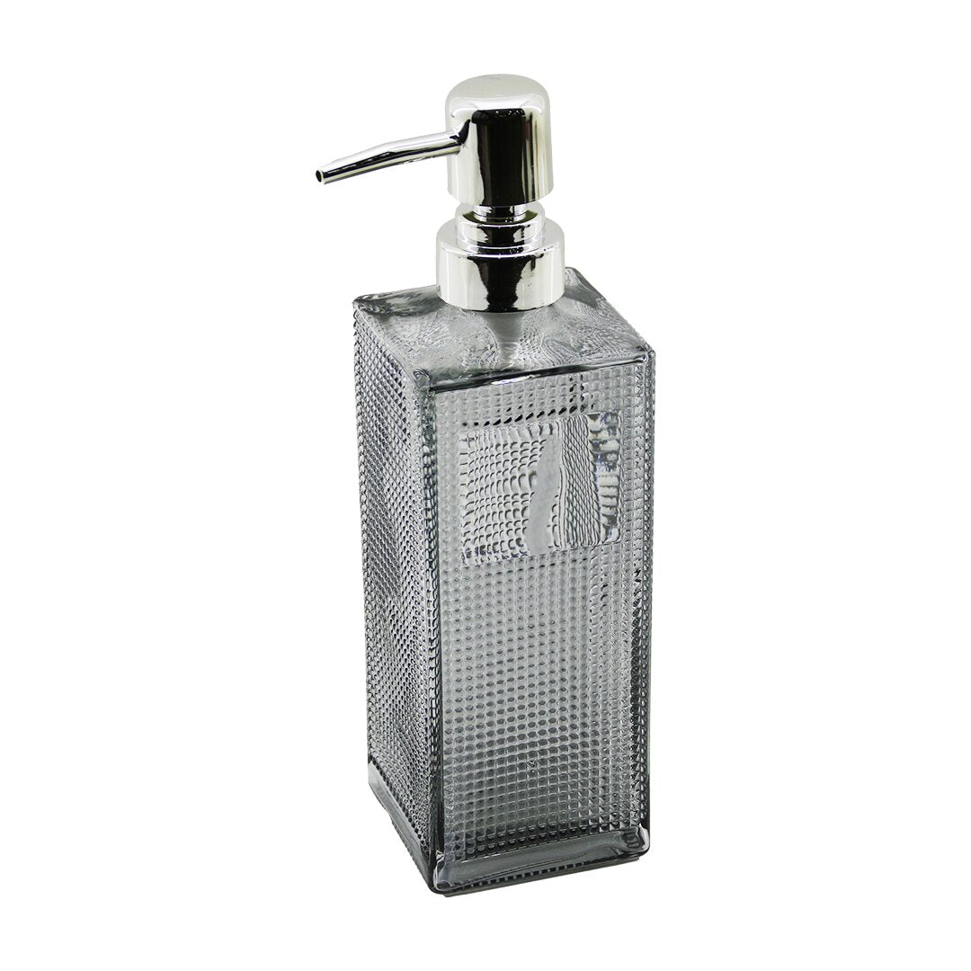 CAM KARE - ŞEFFAF ŞİŞE--BUZLU NOKTA DESEN SIVI SABUNLUK 450ML GÜMÜŞ PLASTİK POMPA
