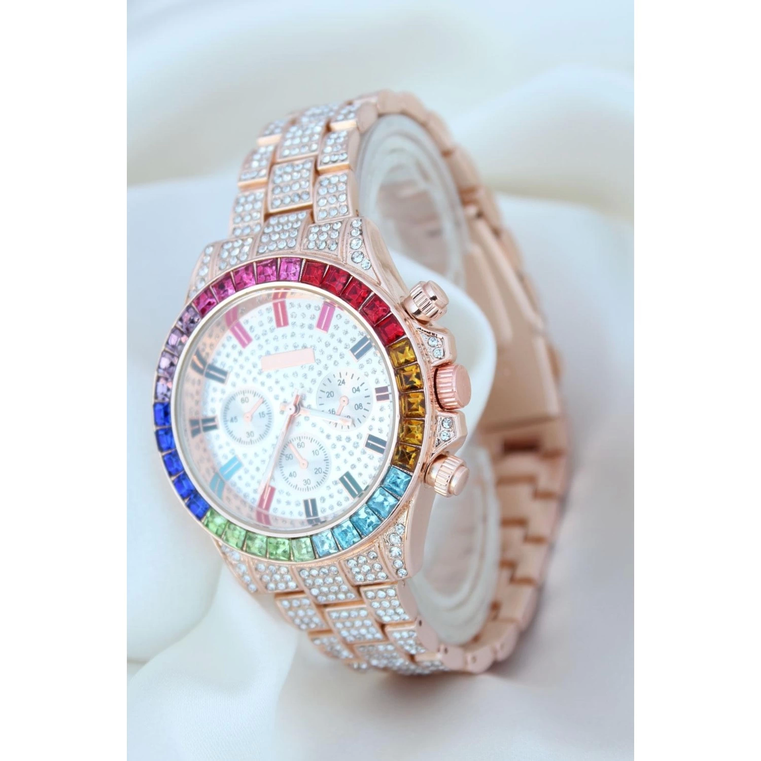 Clariss Trend Rose Metal Kordonlu Zirkon Taş Kaplama Renkli Taşlı Kasa Tasarımlı Lüx Kadın Kol Saat