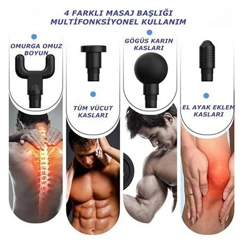 Darbeli Titreşimli Tabanca Masaj Aleti Kas Rahatlatıcı 4 Başlıklı Şarjlı Göbek Eritme Cihazı Zayıfl