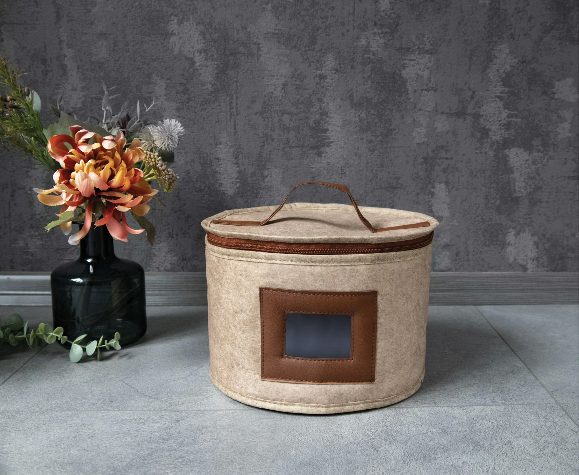 Deri Şeritli Pencereli Yuvarlak Çok Amaçlı Düzenleyici Organizer Kutu Keçe Çanta