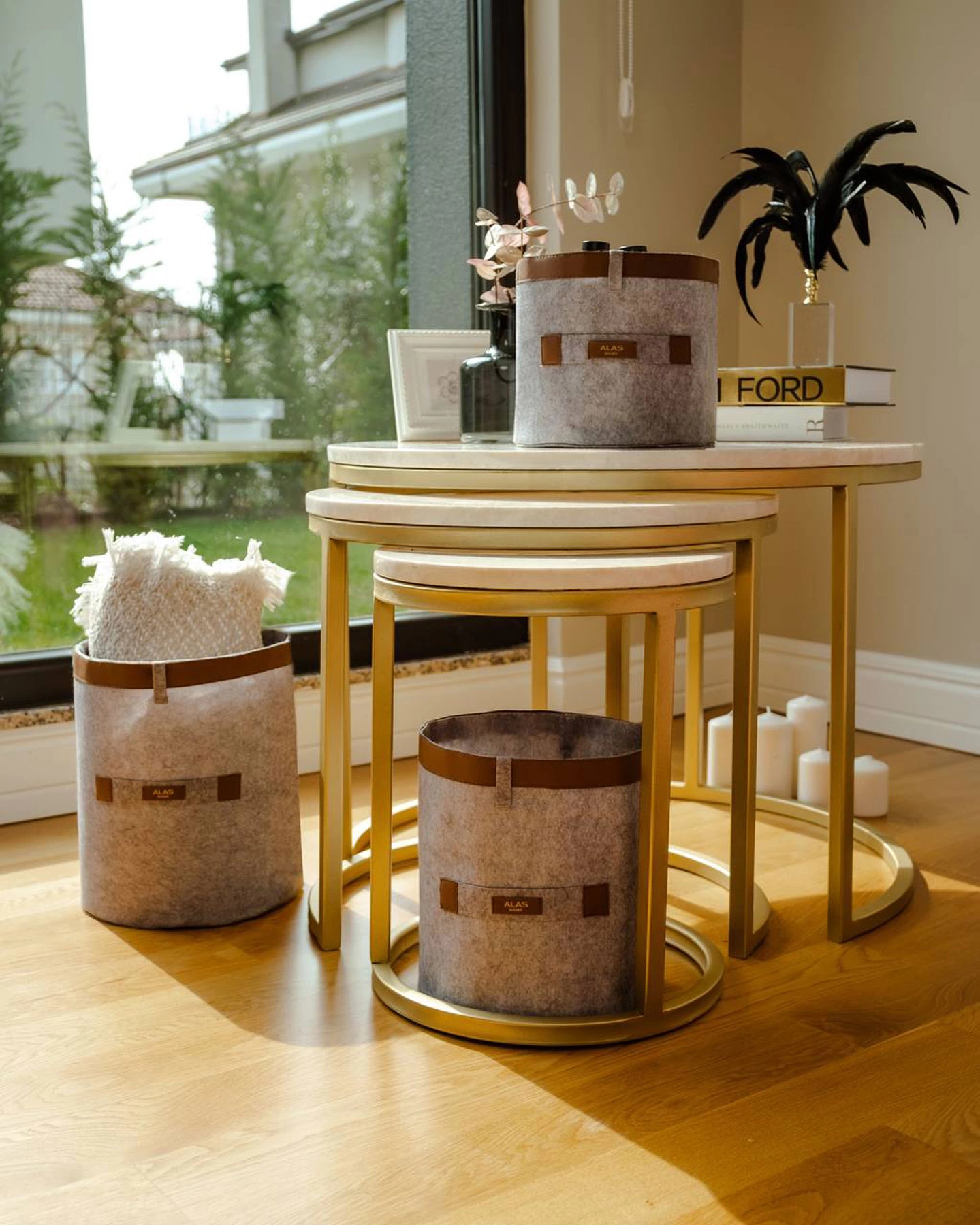 Deri Şeritli Yuvarlak Çok Amaçlı Düzenleyici Organizer Kutu Keçe Sepet