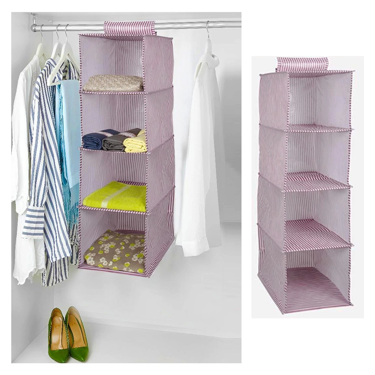 Dolap İçi Düzenleyici Katlanabilir Çok Amaçlı 4 Bölmeli Çizgili Bez Organizer (Pembe)