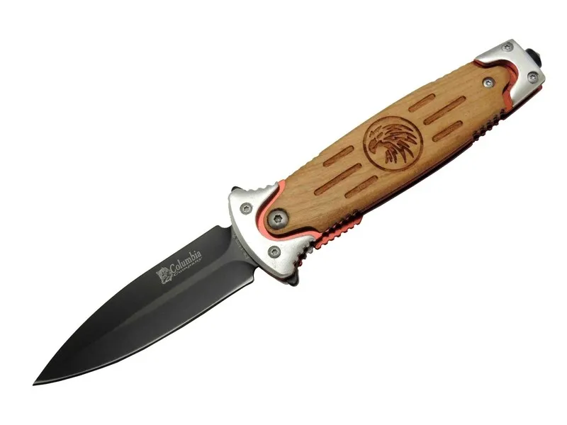 Fs 11032 Kahverengi Kurtarma / Kamp Çakısı 20cm - Kartal İşlemeli Ahşap Sap, Kemerlikli, Cam Kırma