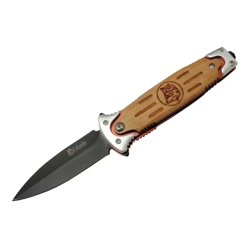 Fs 11033 Kahverengi Kurtarma / Kamp Çakısı 20cm - Yarı Otomatik, Kurt İşlemeli Ahşap Sap, Kemerlikl