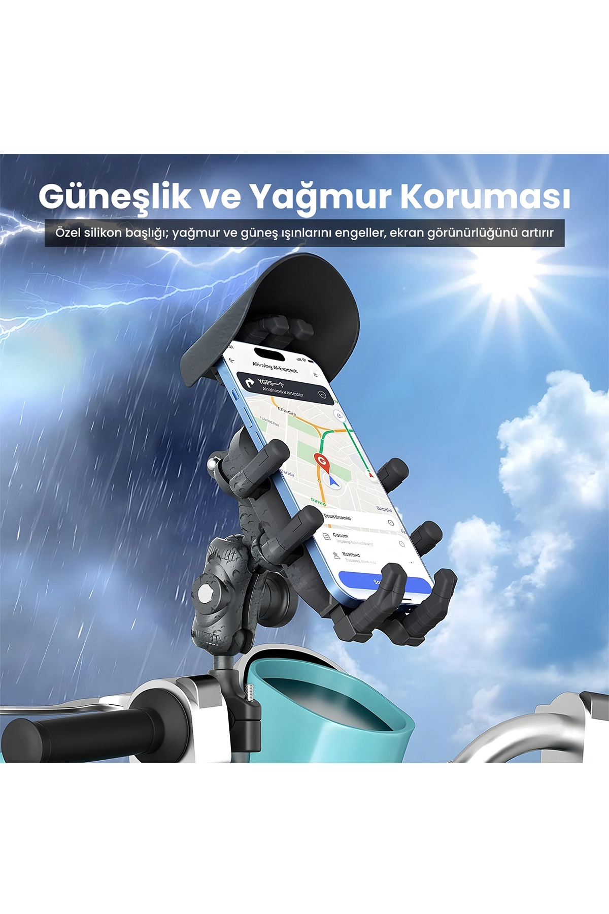 Gidon Bağlantılı Güneş Ve Yağmur Korumalı 360° Derece Ayarlanabilir Motosiklet Bisiklet Telefon Tut