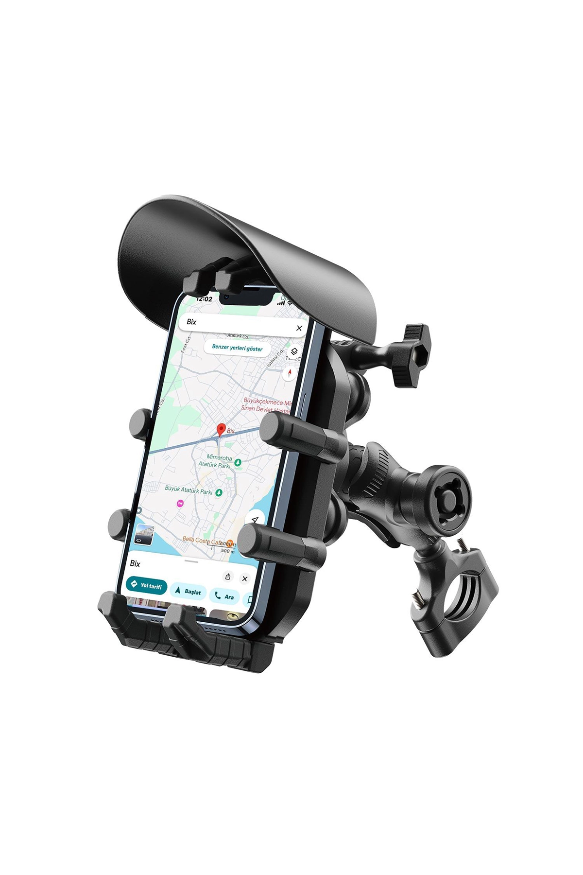 Gidon Bağlantılı Güneş Ve Yağmur Korumalı 360° Derece Ayarlanabilir Motosiklet Bisiklet Telefon Tut