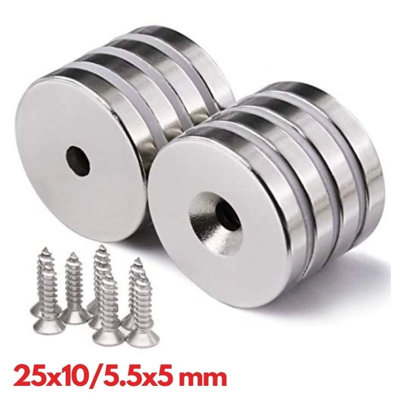 1 Adet 25x10/5x5,5 Mm Neodyum Mıknatıs Havşa Delikli Magnet Vida Atılabilir N35 Nikel Paslanmaz