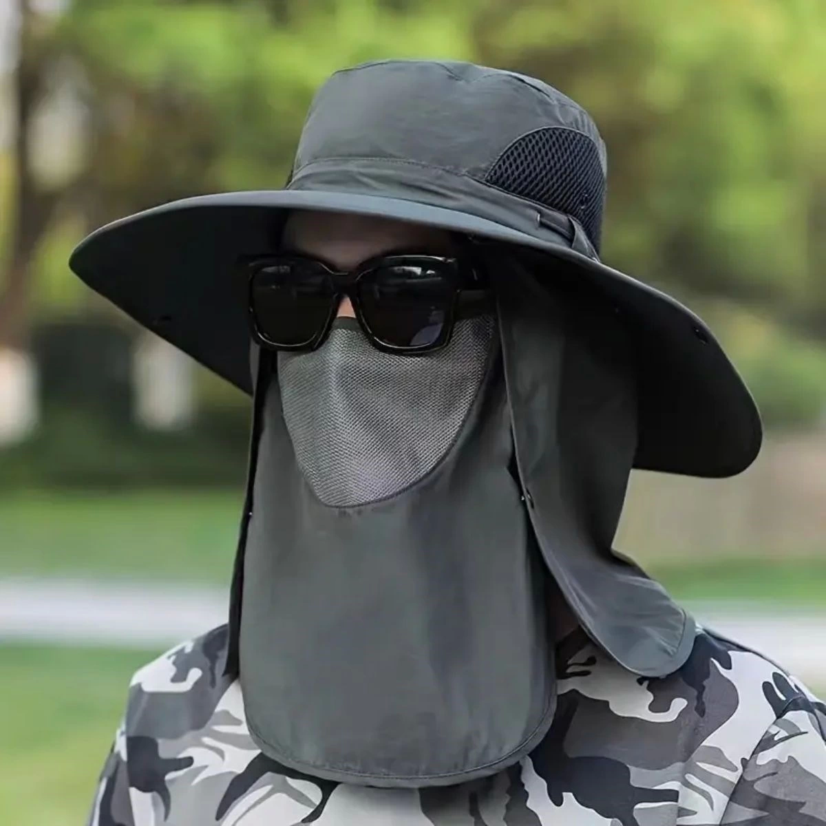 Güneş Koruyuculu Nefes Alabilen Maskeli ve Boyun Kapaklı Geniş Kenarlı Balıkçı Şapkası