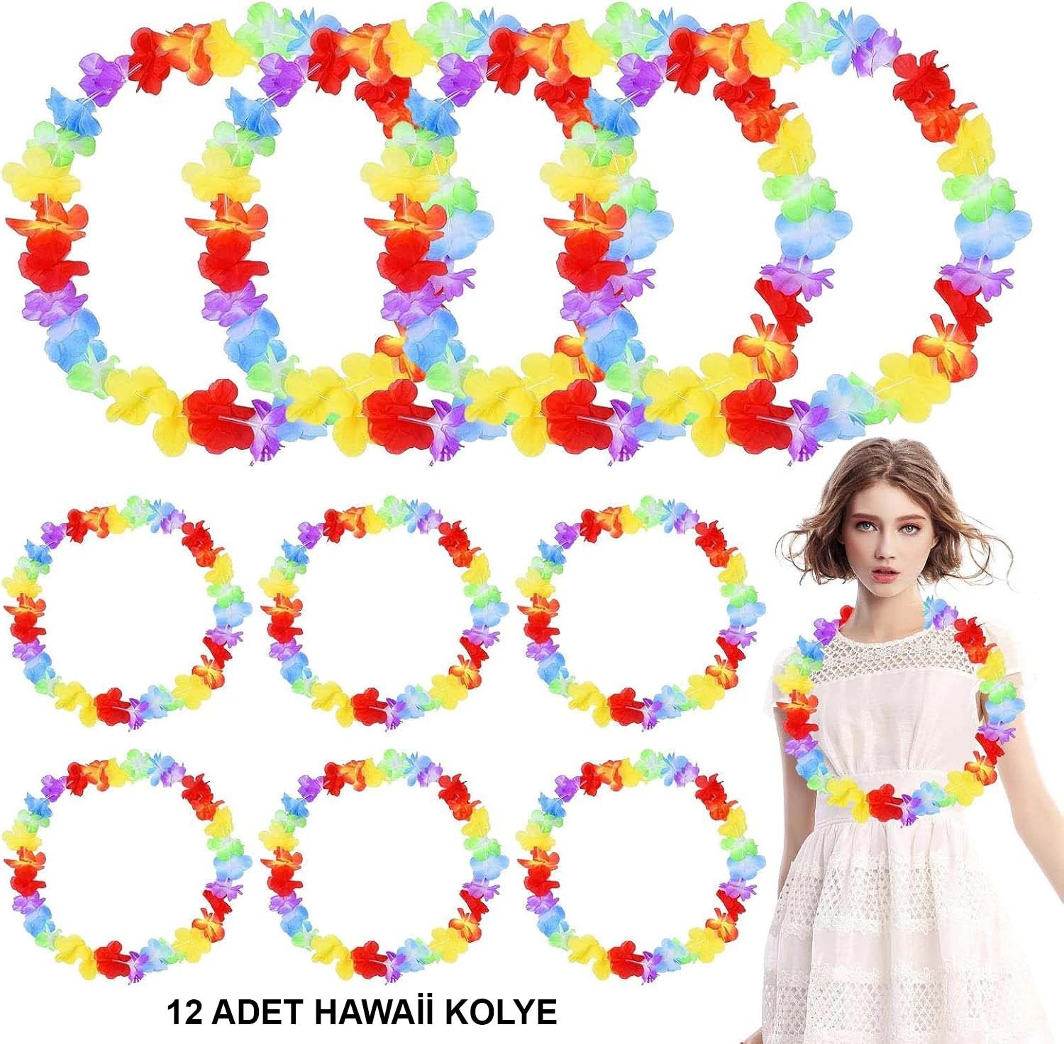 Hawaii Çiçekli Boyun Kolyesi - Renkli Tropikal Parti Leisi 12 Adet