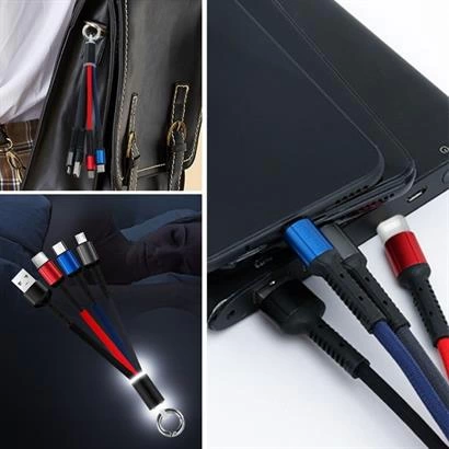 Işıklı Anahtarlık Model 3 İn 1 Usb Çıkışlı Mikro,Type-C Ve İphone Uyumlu Şarj Kablosu