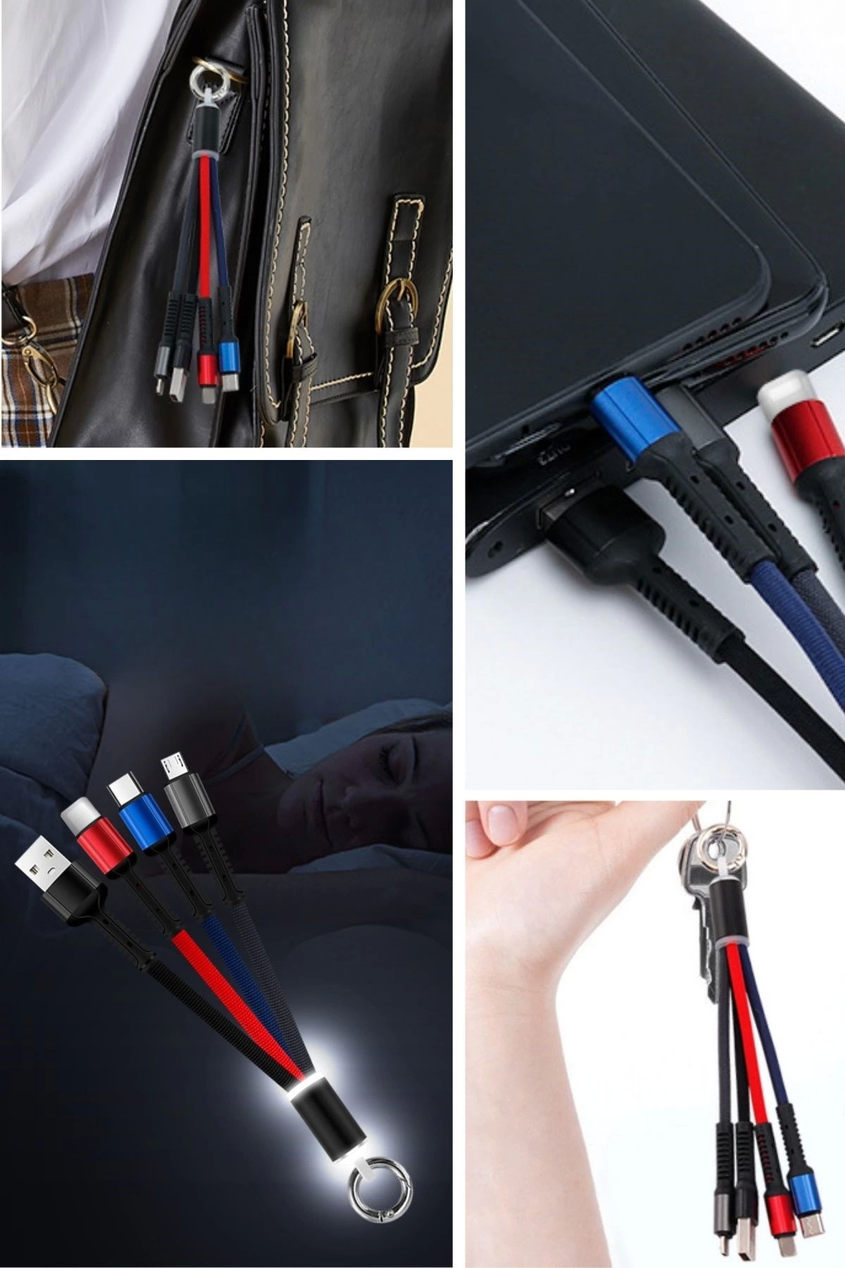 Işıklı Anahtarlık Model 3 in 1 USB Çıkışlı MİKRO,TYPE-C ve İphone Uyumlu Şarj Kablosu