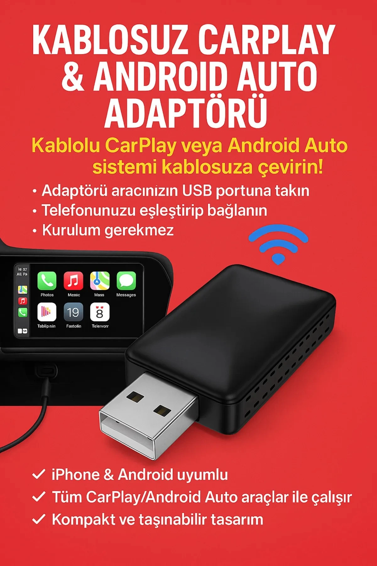 Kablosuz Carplay & Android Auto Adaptörü - Apple Ve Android Cihazlar İçin Evrensel Wireless Carplay
