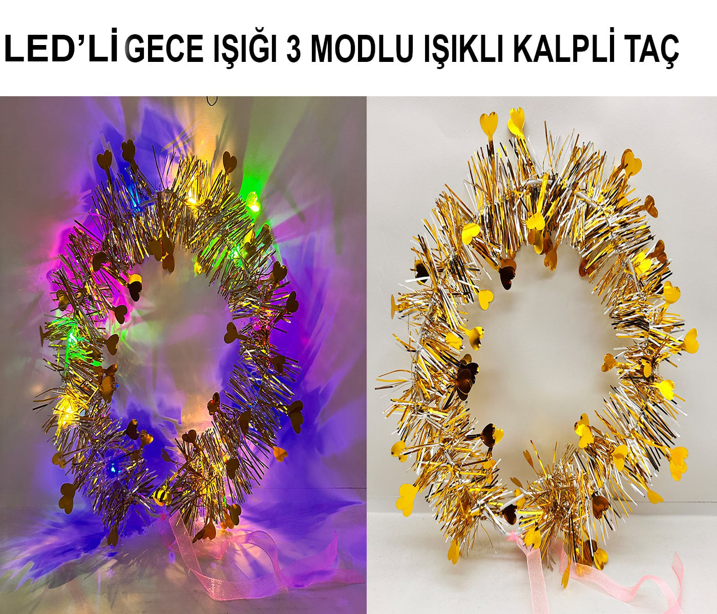 Kalp Püsküllü Gece Parıltısı 3 Modlu LED&amp;apos;li Işıklı Taç Altın Renk