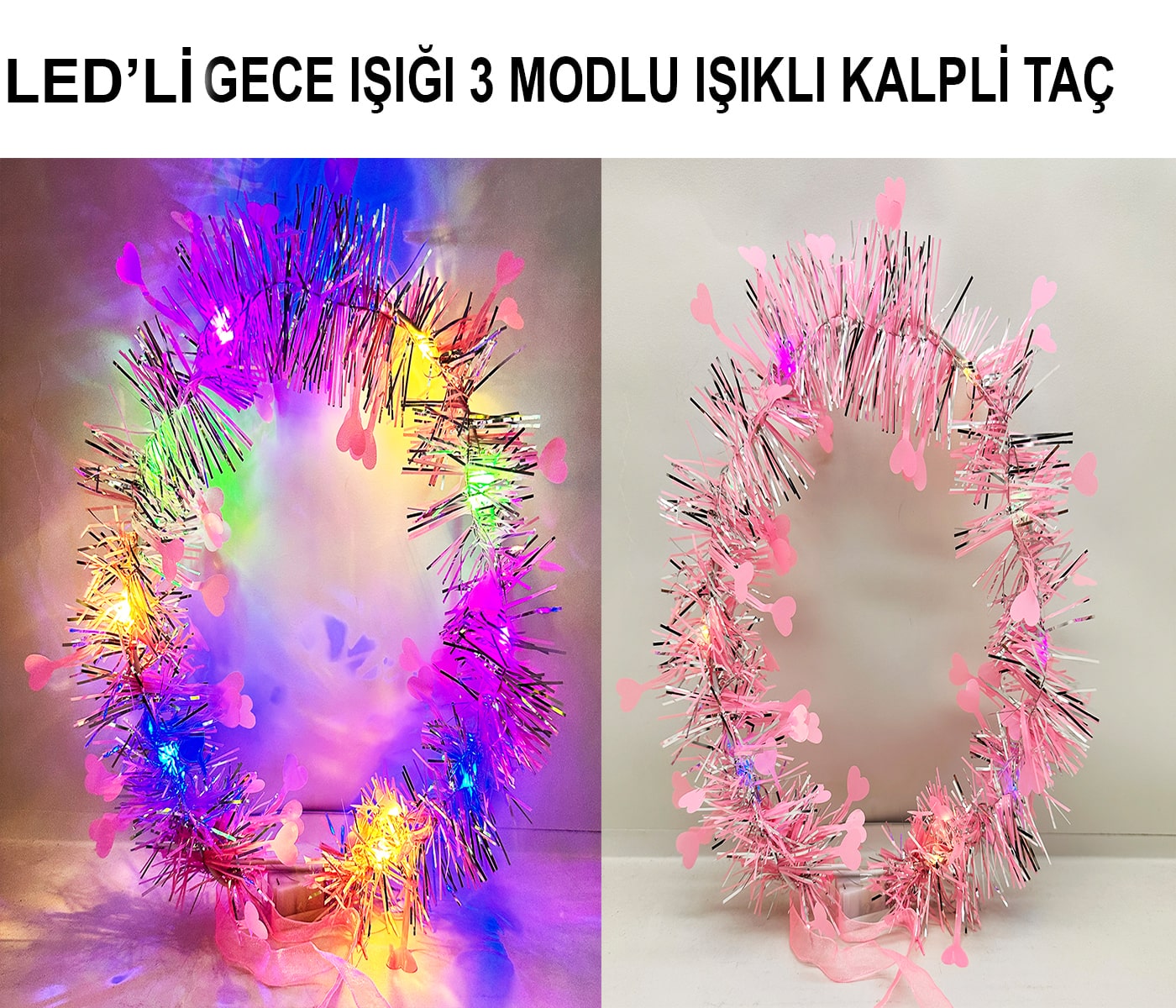 Kalp Püsküllü Gece Parıltısı 3 Modlu LED&amp;apos;li Işıklı Taç Pembe Renk
