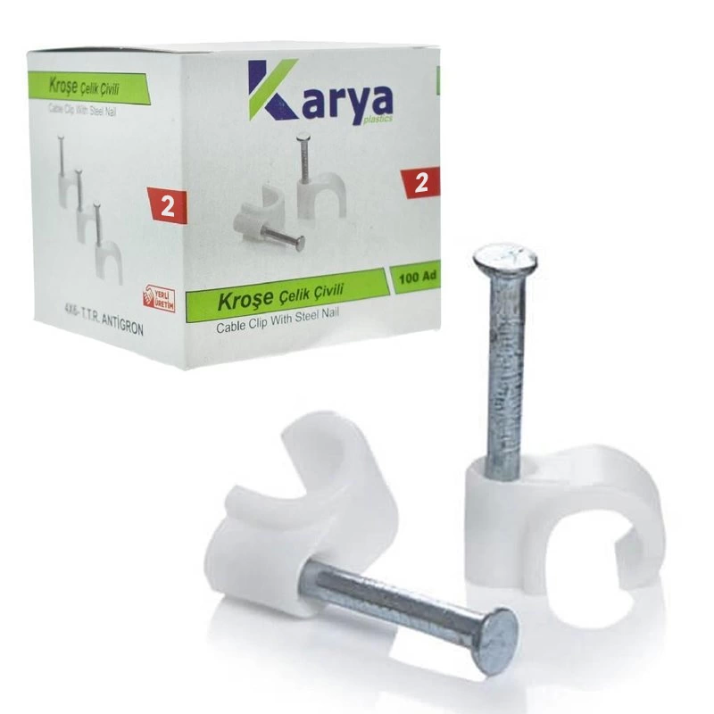 Karya 2 Numara Çelik Çivili 6 Mm Kroşe 100Lü Paketdata - Anten Kabloları İçin