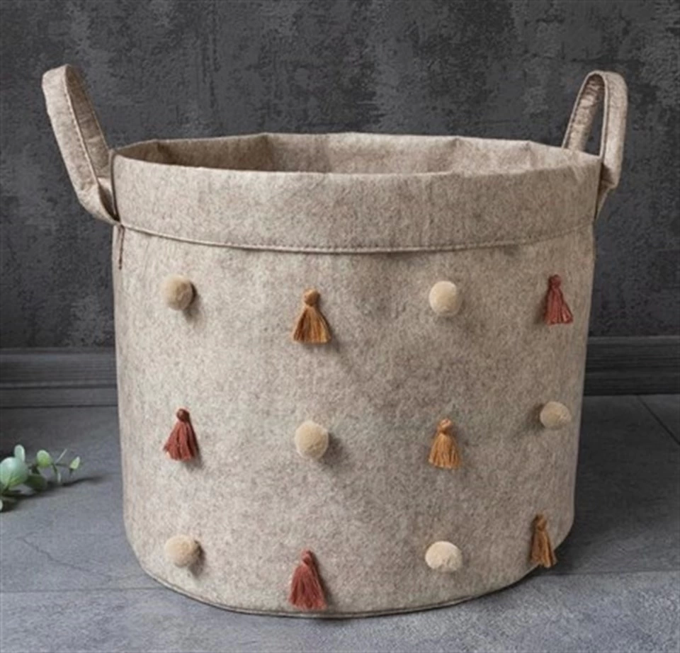 Katlanabilir Çok Amaçlı Ponponlu Yuvarlak Düzenleyici Saklama Kutusu Organizer Keçe