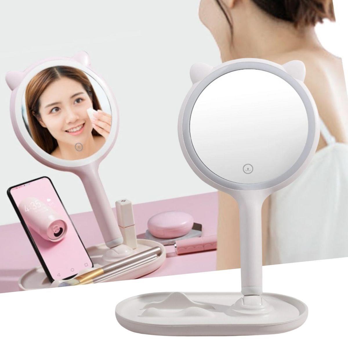 Круглое сенсорное светодиодное регулируемое настольное зеркало для макияжа с подставкой для телефона в форме кошачьих ушек (4620)