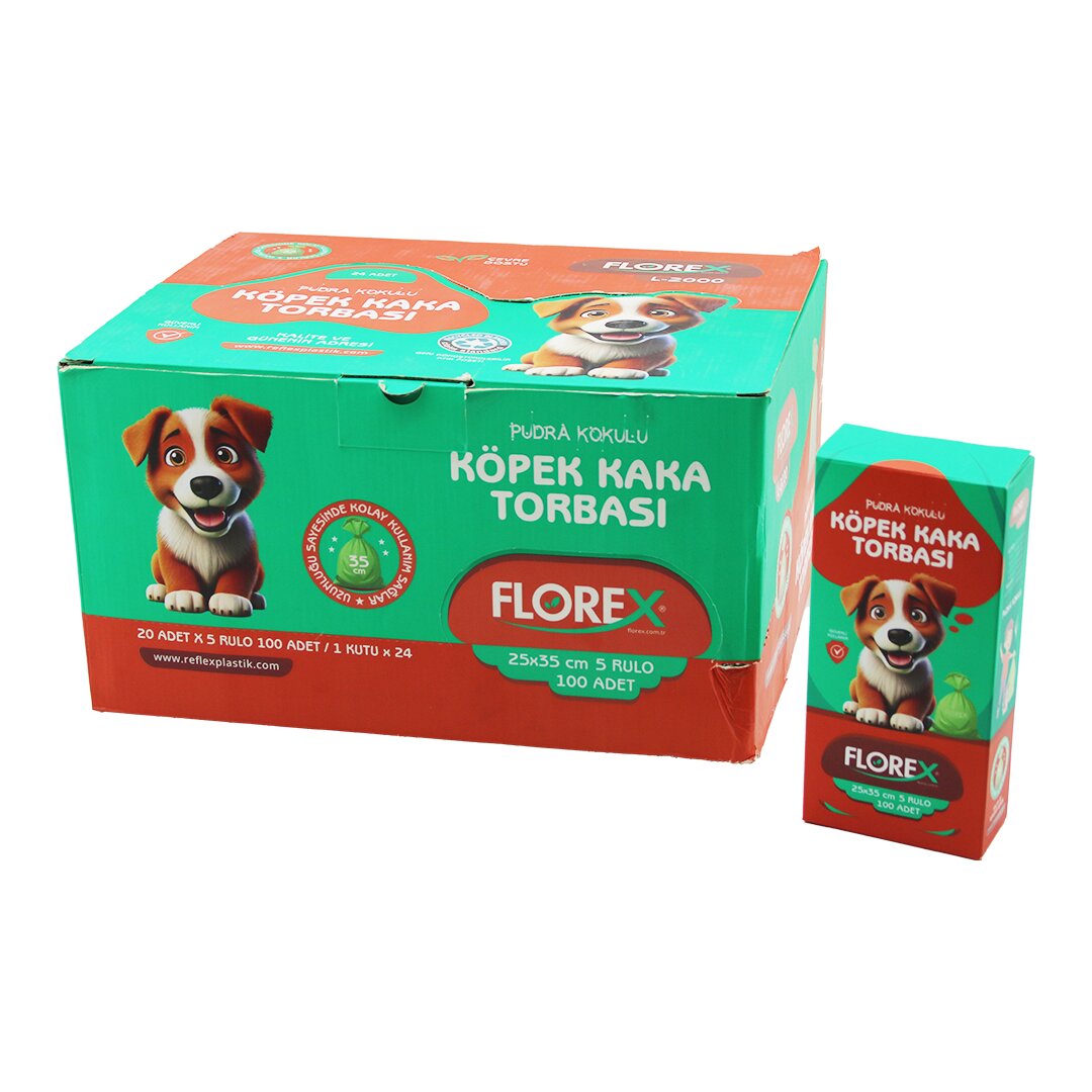 KÖPEK - EVCİL HAYVAN   KAKA TORBASI   5 RULO X 20PCS = 100 ADET   PUDRA KOKULU   25X35CM